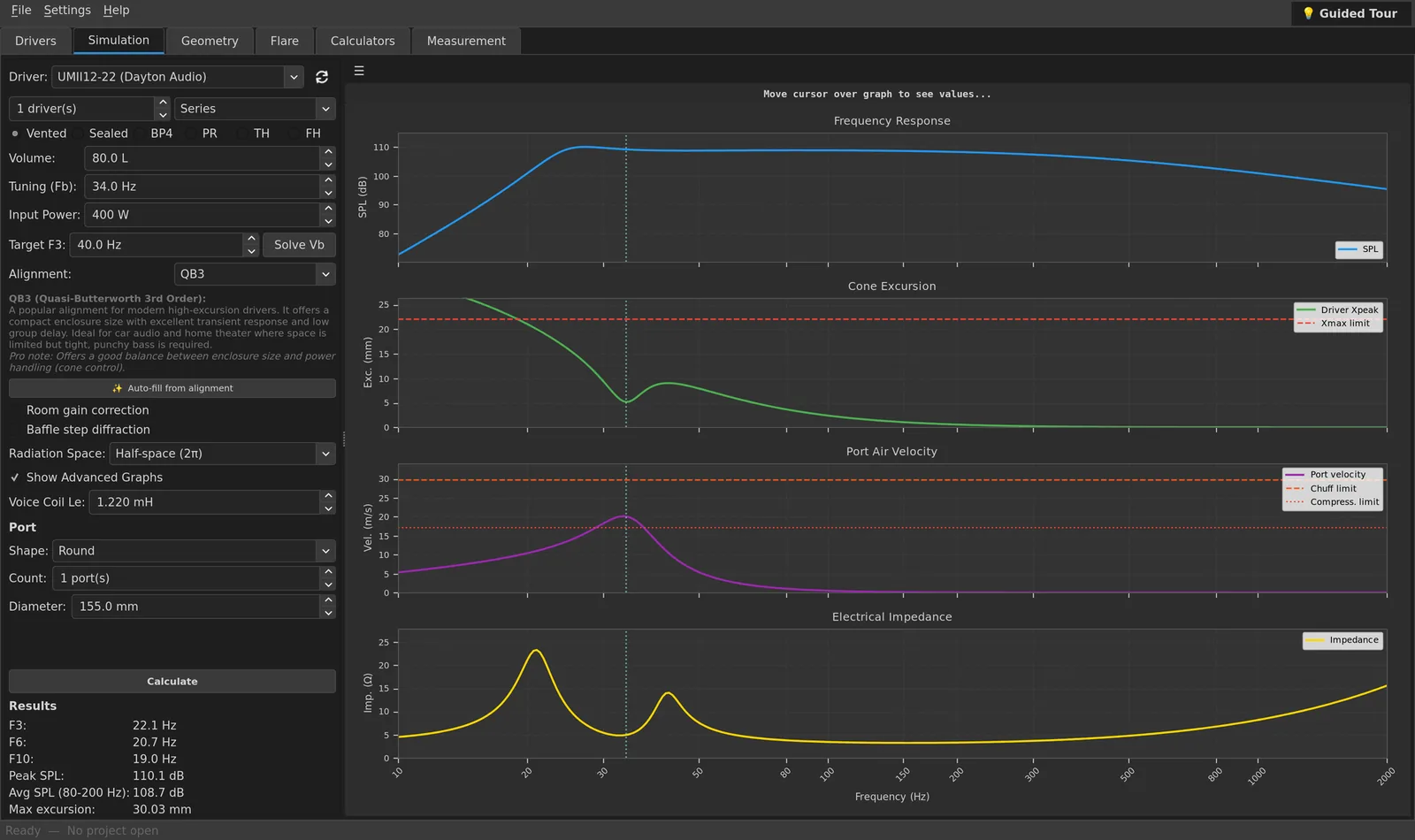 Solvex Audio: Simulation: frequency response, cone excursion, port velocity and impedance