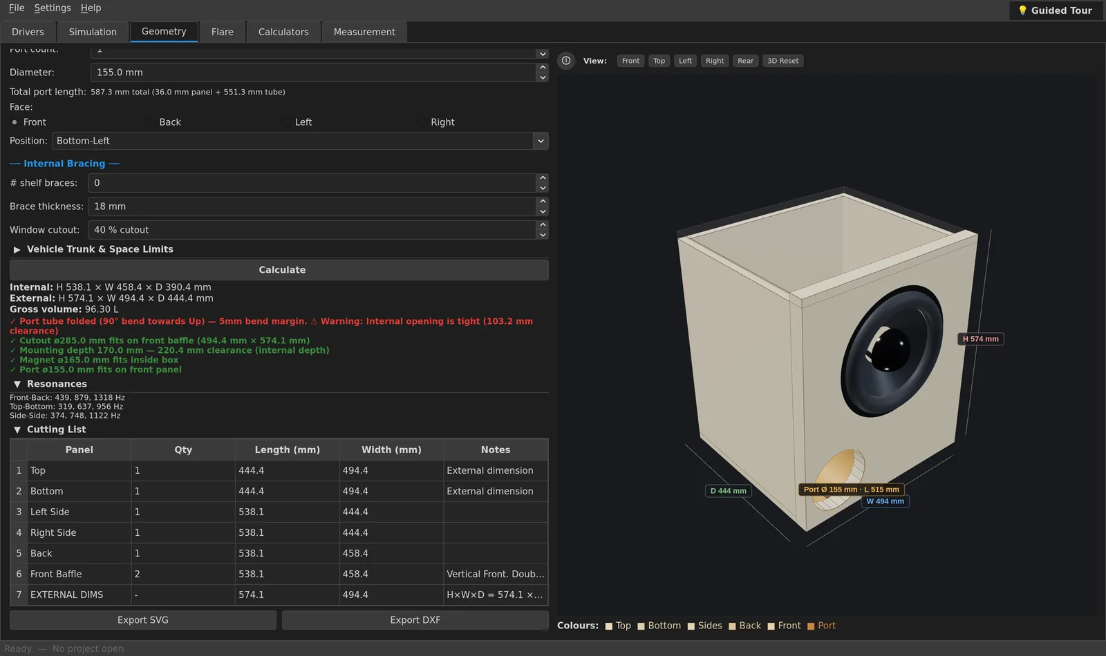 Solvex Audio: Fit checks and cutting list with DXF and SVG export