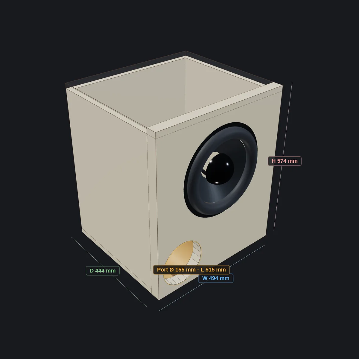 Solvex Audio: 3D view of a ported subwoofer enclosure